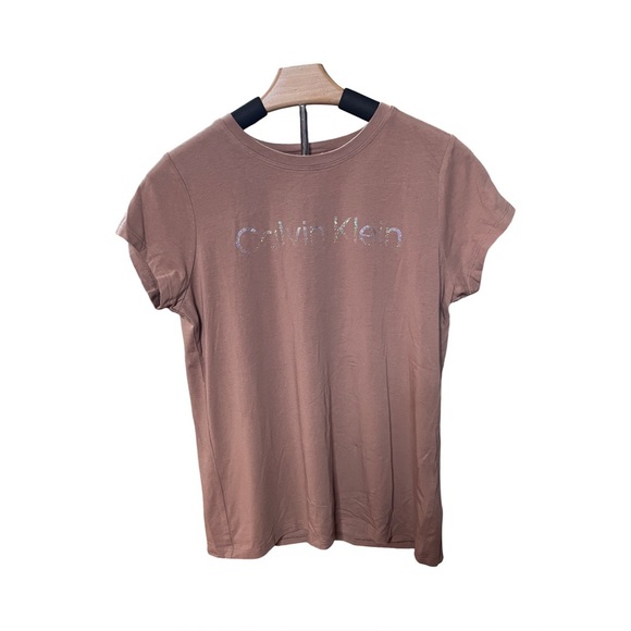 New Calvin Klein Rosewood Logo Tee Iridescent Glitter Script Soft Stretch Sze M - Picture 2 of 13